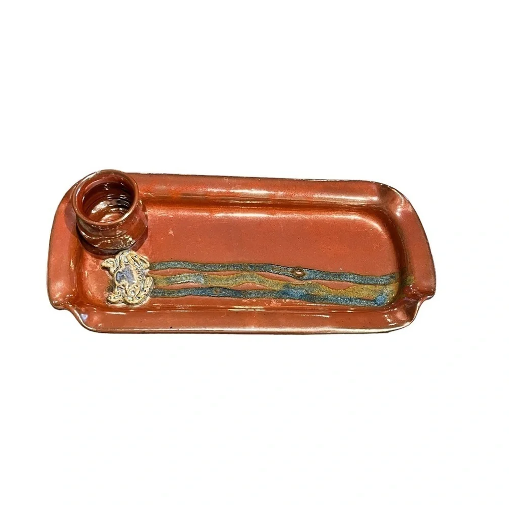 Art Pottery Serving Tray With Dimensional Crab Signed Coastal